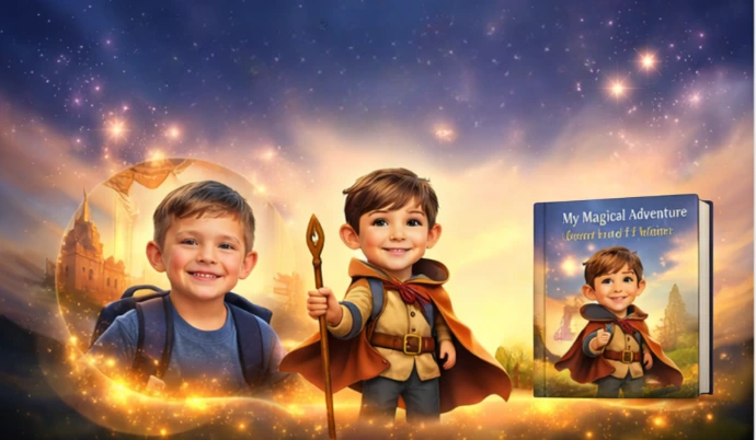 Real child photo transformed into an illustrated character for a personalized children’s book