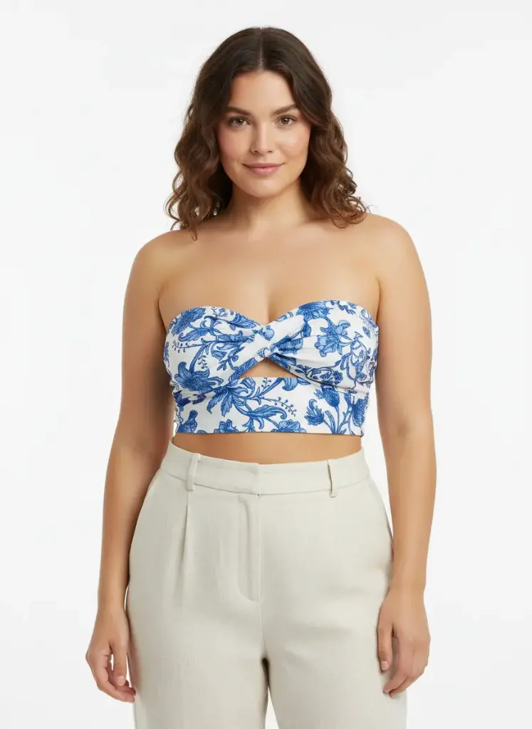 TOP BANDEAU A FLEUR BLEU ET BLANC
