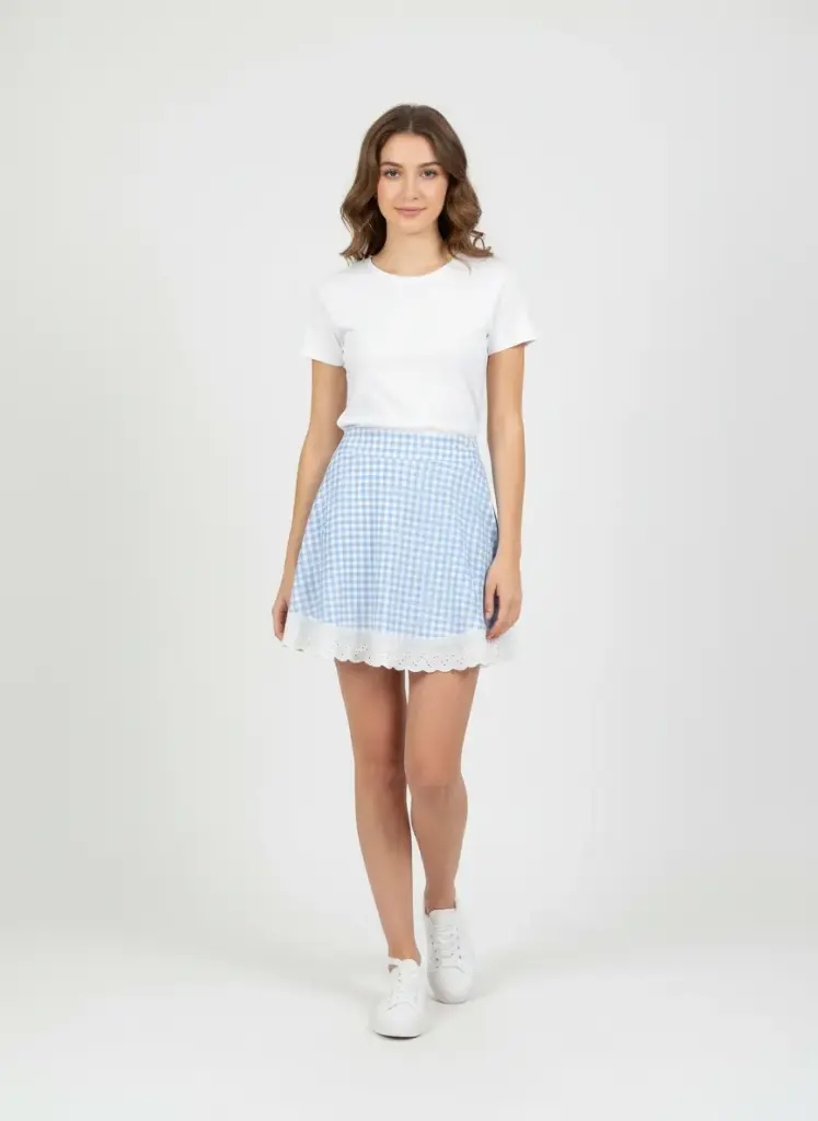 JUPE COURTE A CARREAUX BLEU CIEL ET BLANCHE. (ETAT:NEUF)