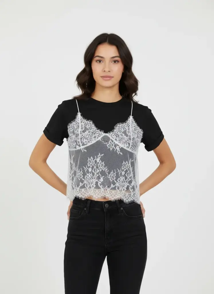CHANDAIL T SHIRT AVEC CAMISOLE EN DENTELLE