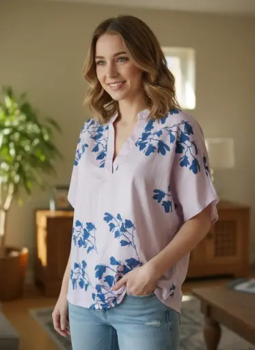 CHANDAIL MANCHE COURTES ROSE AVEC FLEUR BLEU