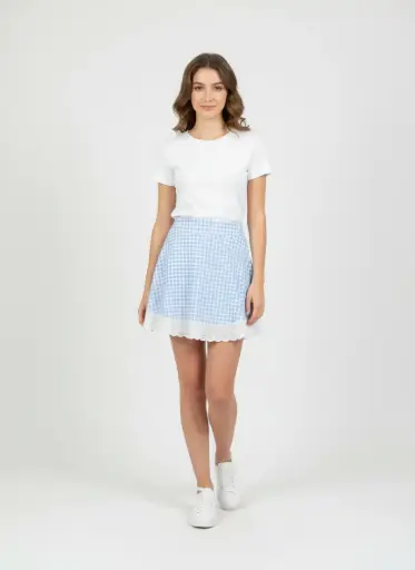 JUPE COURTE CAROTTE BLEU CIEL ET BLANCHE